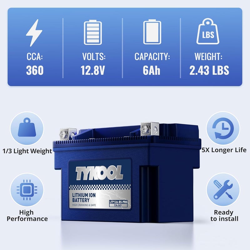 TYKOOL YT12A-BS 360CCA,3X Cranking Amps,5X Life,High Performance LiFePO4 Lithium Motorcycle Battery,Fits for 1000cc Aprillia and Suzuki,Husqvarna 701 Vitpilen,KTM Adventure and Duke - Image 3